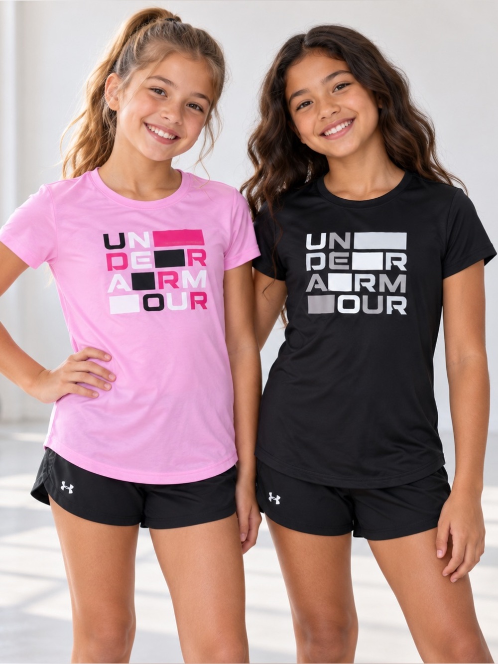 NWT Under Armour Girls Graphic Tee Bundle Pink Black Performance Shirts Set of 2
